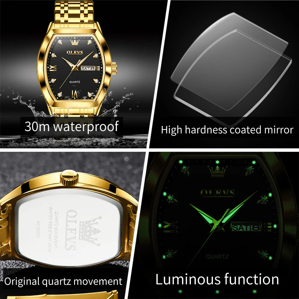 OLEVS 5528 Quartz Men's Watch Luxury Brand Diamond Business Stainless Steel Waterproof Tonneau dial Gold Watch Reloio Masculino