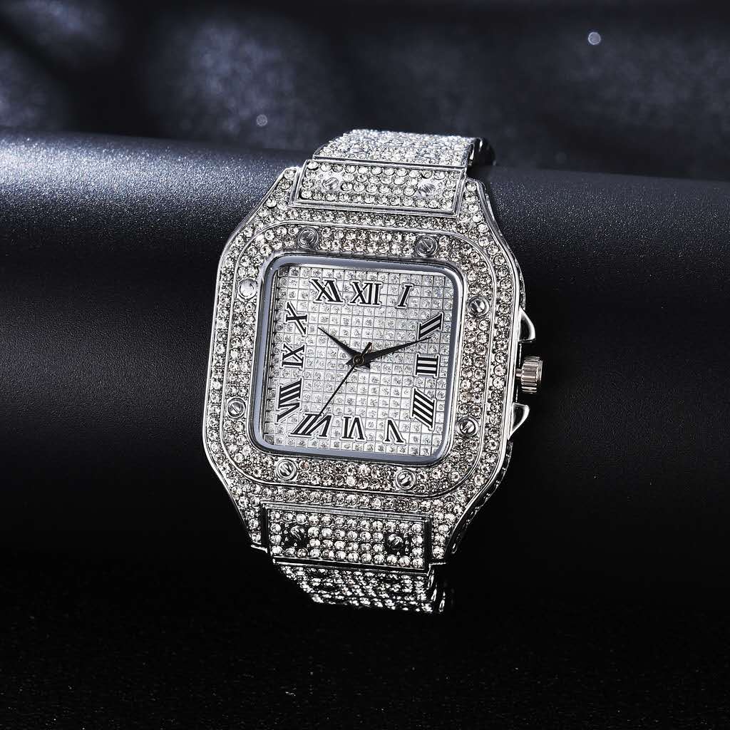 2pcs/set, Men's Large Dial Square Rhinestone Watch & Chain Bracelet