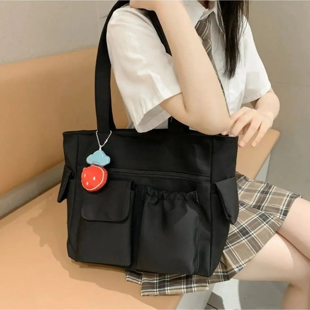 Canvas Women Messenger Bag Fashion Solid Color Large Capacity Shoulder Bag Multi-pockets Travel Handbag Student Book Bag