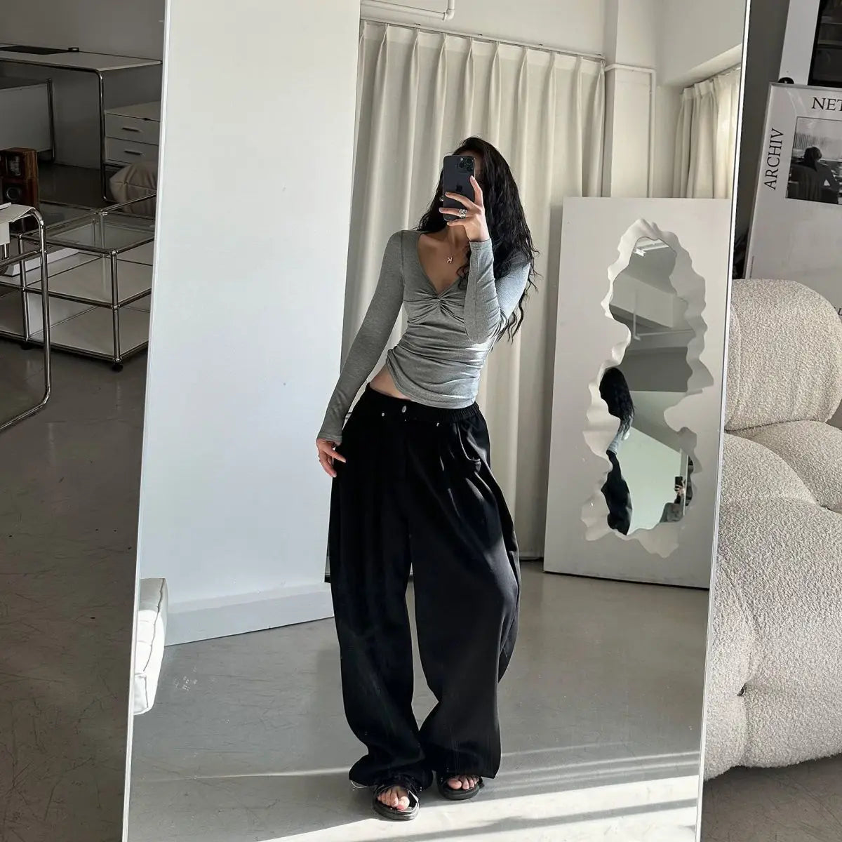 QWEEK Oversized Women Grey Sweatpants Y2k America Style Retro Baggy Pants Casual Sports Streetwear Hip Hop Trousers Joggers