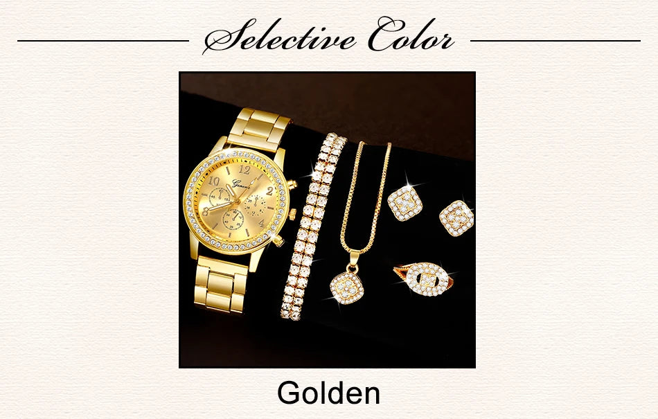 6PCS Set Golden Luxury Watch Women Ring Necklace Earring Rhinestone Fashion Wristwatch Casual Ladies Bracelet Watches