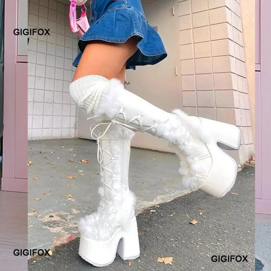 GIGIFOX Platform Furry Boots Chunky High Heeled Winter Autumn Knee High Boots Women Faux Fur Zip Gothic Style Punk Shoes Ladies