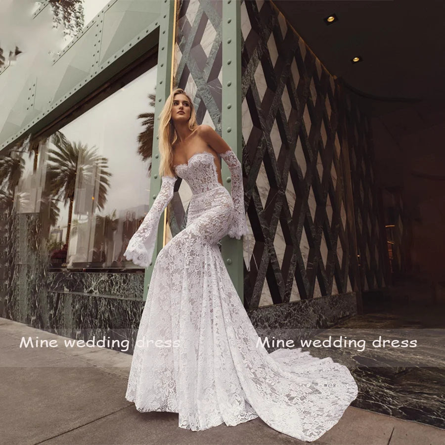 Sweetheart 3/4 Flare Sleeves Mermaid Lace Weddding Dresses Backless See Through  And Zipper Bridal Gowns