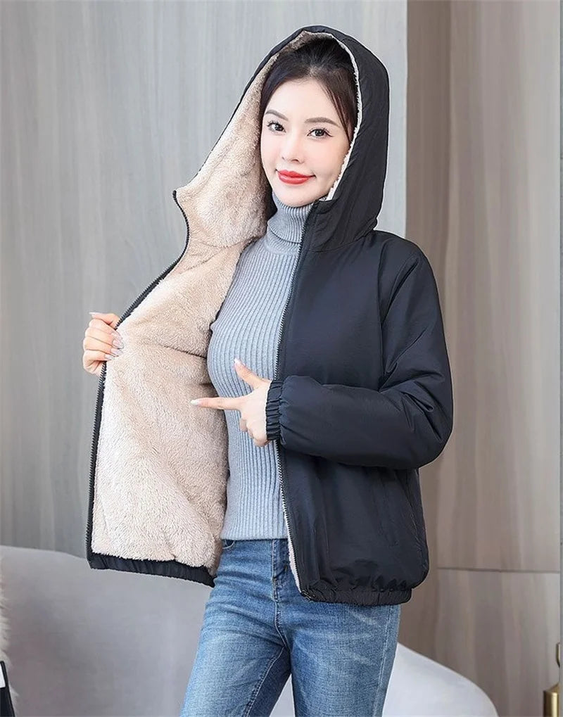 Add Velvet Padded Coat Women 2024 Winter Hooded Outerwear Ladies Warm Cotton-Padded Jacket New Fashion Overcoat Short Female Top