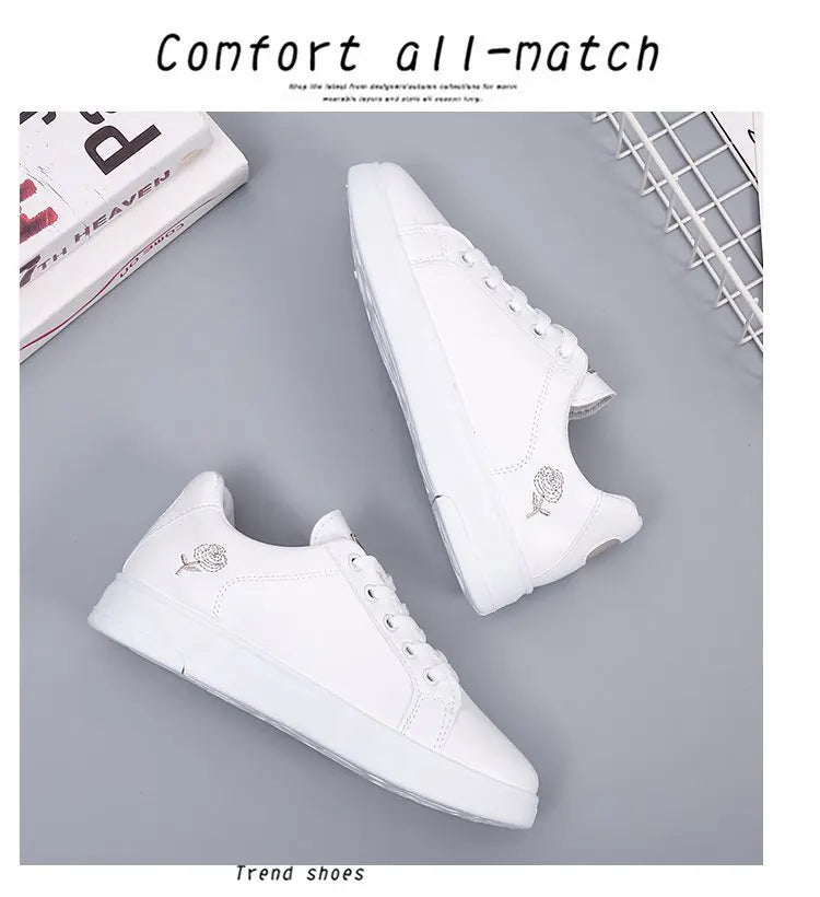 Women Casual Shoes Spring Autumn Sneakers Fashion White Breathable Embroidered Flower Lace-Up Tennis shoes