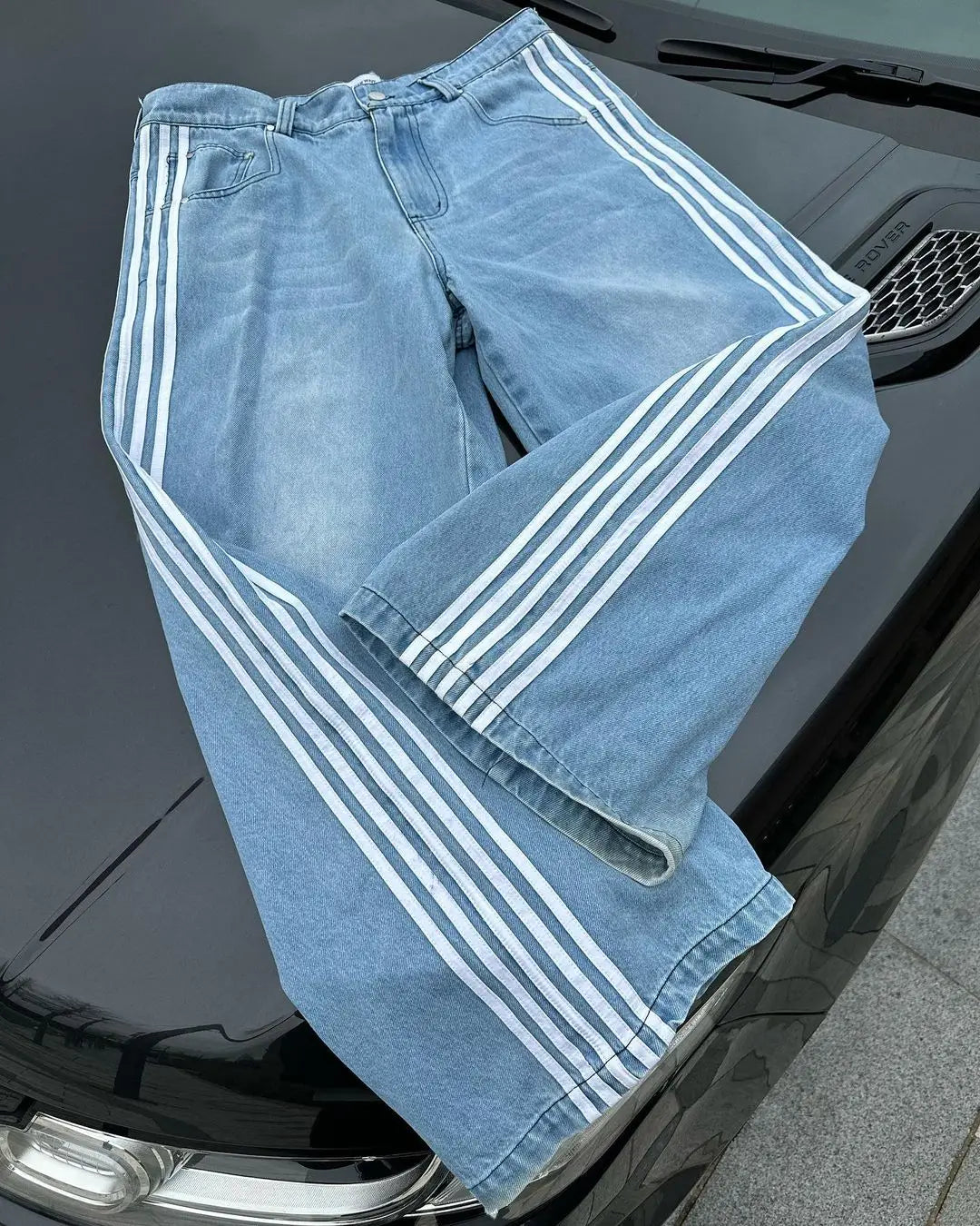 Y2k High Waisted Distressed Stripe Baggy Blue Jeans Korean Fashion Casual Style Straight Pants Classic Simple Trousers