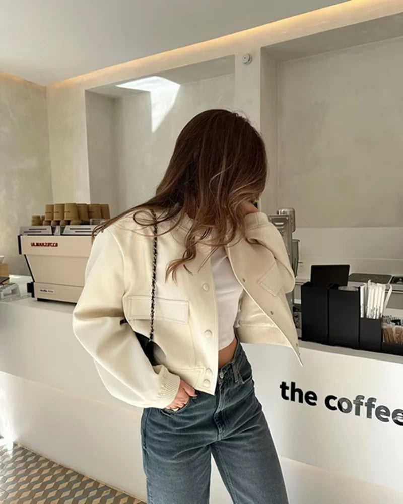 Autumn Winter Button Baseball Aviator Cropped Jackets for Women Bomber Jacket Coat Solid Black White Long Sleeve Crop Outerwear