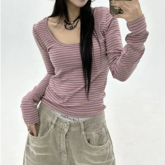 Sweet  Gentle Retro Stripe Versatile Tee Slim Fit Long Sleeved T-shirt Round Neck Bottom Shirt Short Top Female Clothes