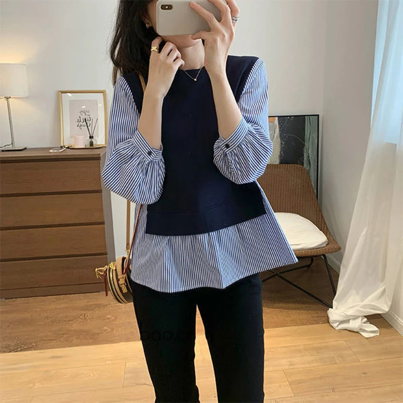 Autumn Winter Round Neck Striped Patchwork Loose Casual Sweatshirt Top Women 3/4 Sleeve Jumper All-match Pullover Female Clothes