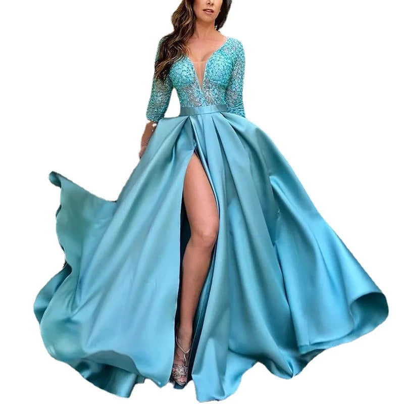 2024 Women's V Neck Ladies Dresses Tailing Full Elegant Embroidery Long Evening Dress for Women Princess Dress