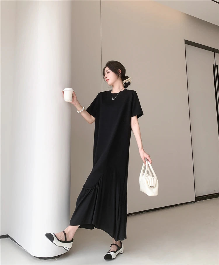 NYFS 2024 Summer New Korea Irregular Woman Dress Vestidos Robe Elbise Loose Plus Size Patchwork Short Sleeve Long Dress