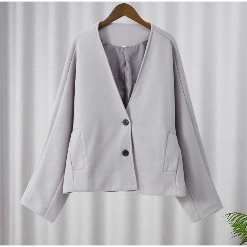 Women Vintage Blends Fit Blazer Coat Fashion Loose Double Breasted Long Sleeve Pockets Female Jackets Chic Lady Commuter Coats