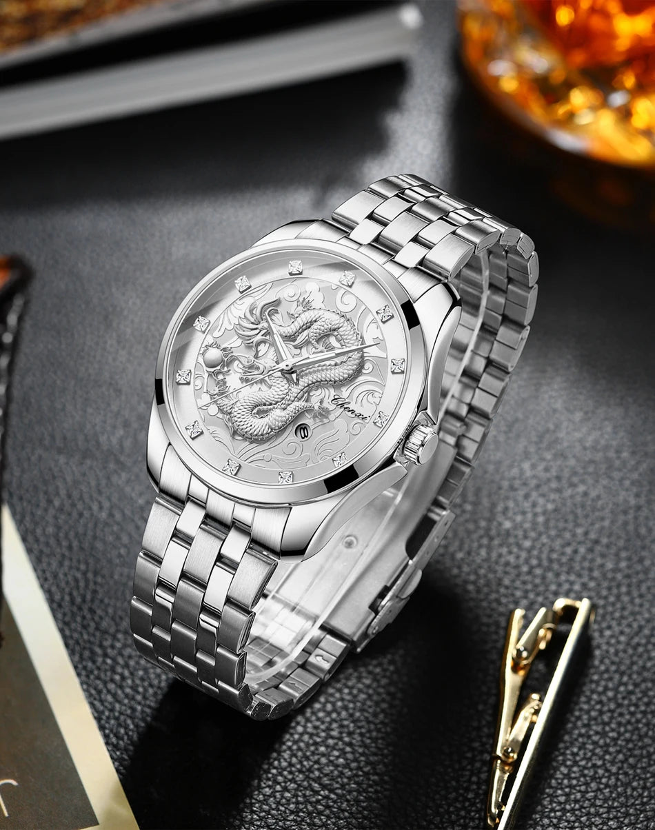 Chenxi 8220 Dragon Totem Embossed Calendar Waterproof Men's Chinese Style Wrist Watch Steel Band Business