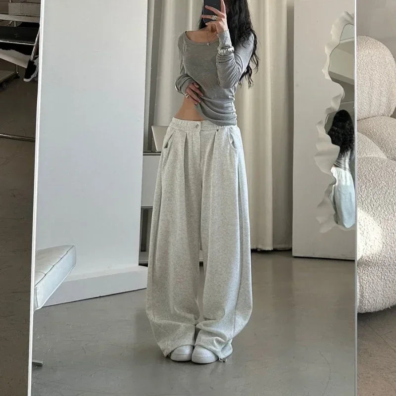 QWEEK Oversized Women Grey Sweatpants Y2k America Style Retro Baggy Pants Casual Sports Streetwear Hip Hop Trousers Joggers