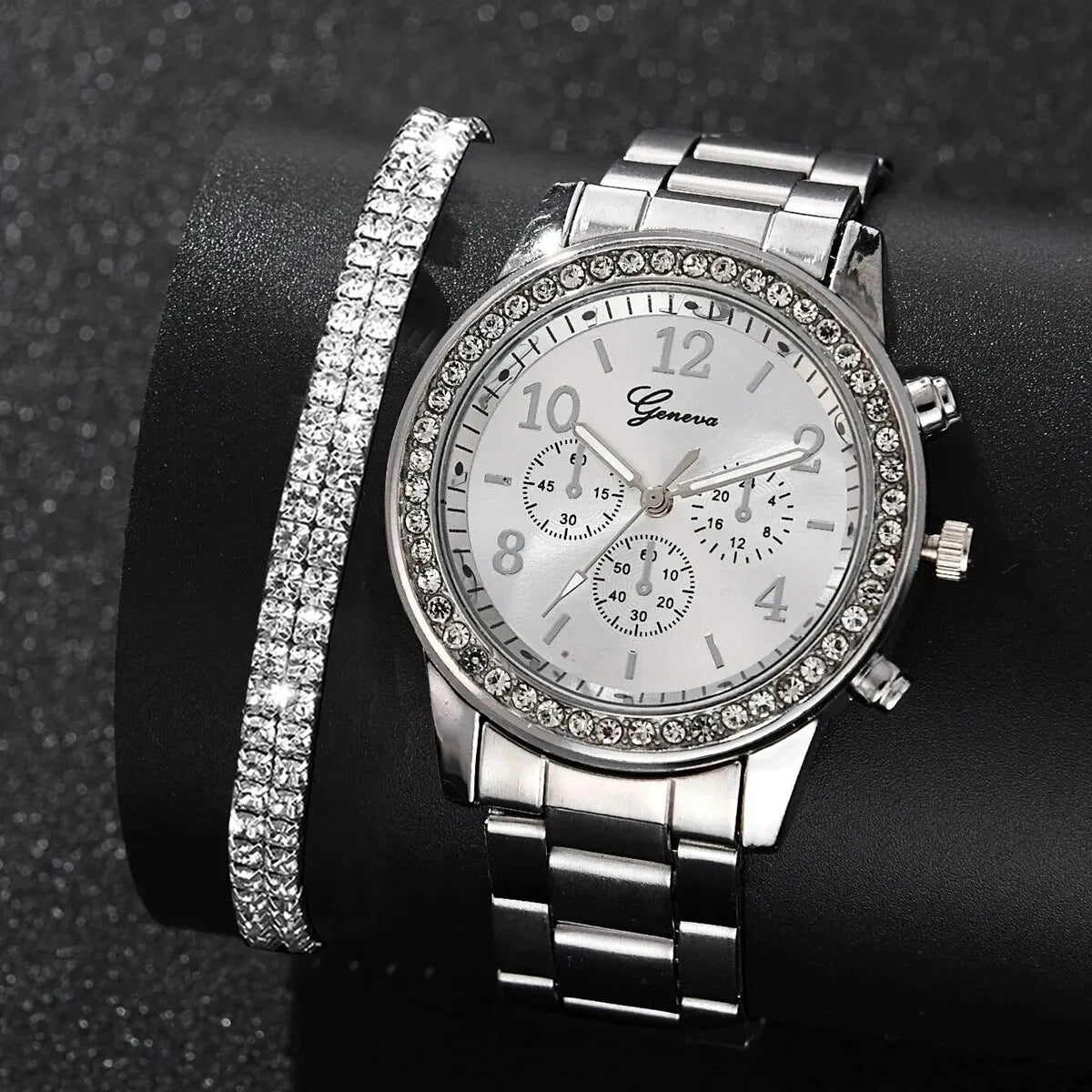 Luxurious Versatile Women's Business Bracelet Watch Set, Rhinestone Personalized Jewelry As A Gift For Her