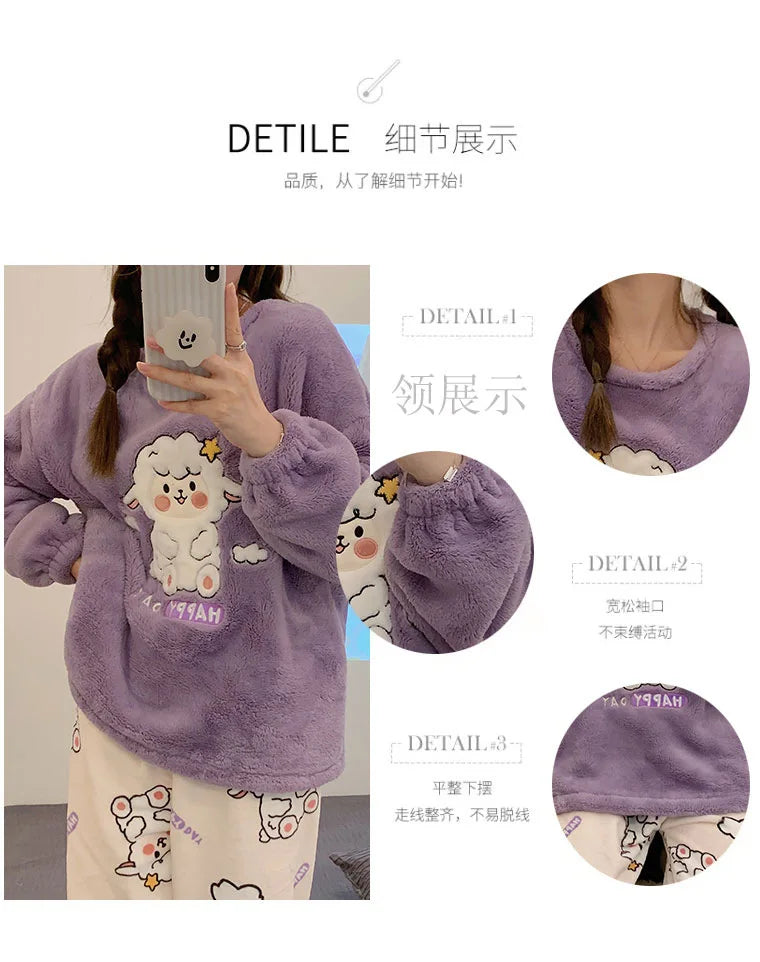 Winter Cute Duck Flannel Pajamas Set for Women Kawaiii Pattern Teddy Sleepwear for Girl Fashion Pullover Velvet Woman's Pijamas