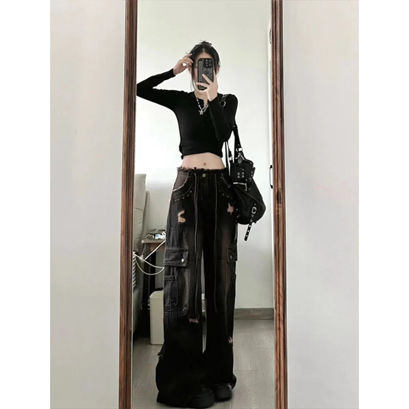 Women's 90s Vintage Black Gothic Cargo Jeans Y2k High Waist Wide Leg Denim Trousers Harajuku Baggy Jean Pants Emo 2000s Clothes