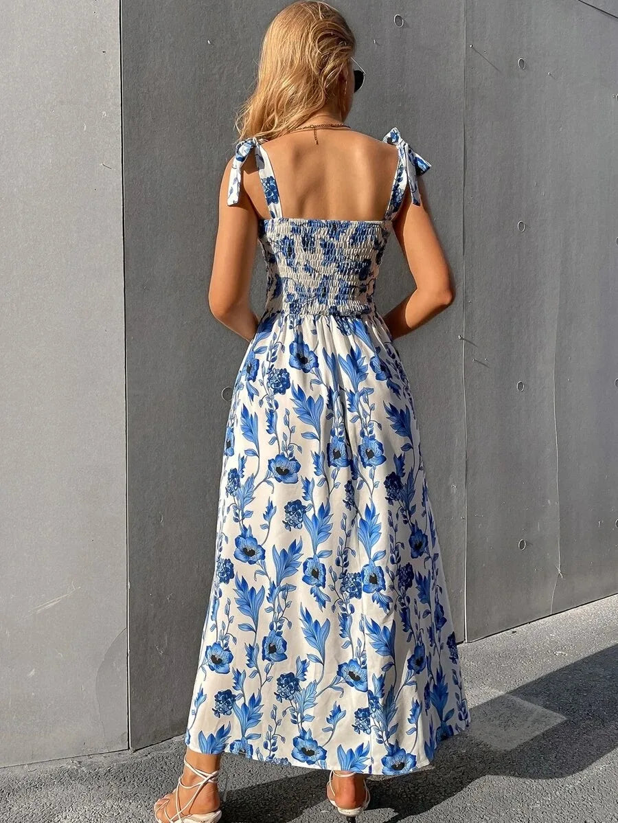 Floral Long Dress Women Fashion Backless Sleeveless Bandage Beach Sundress Casual Green Summer Ladies New In Dresses 2023