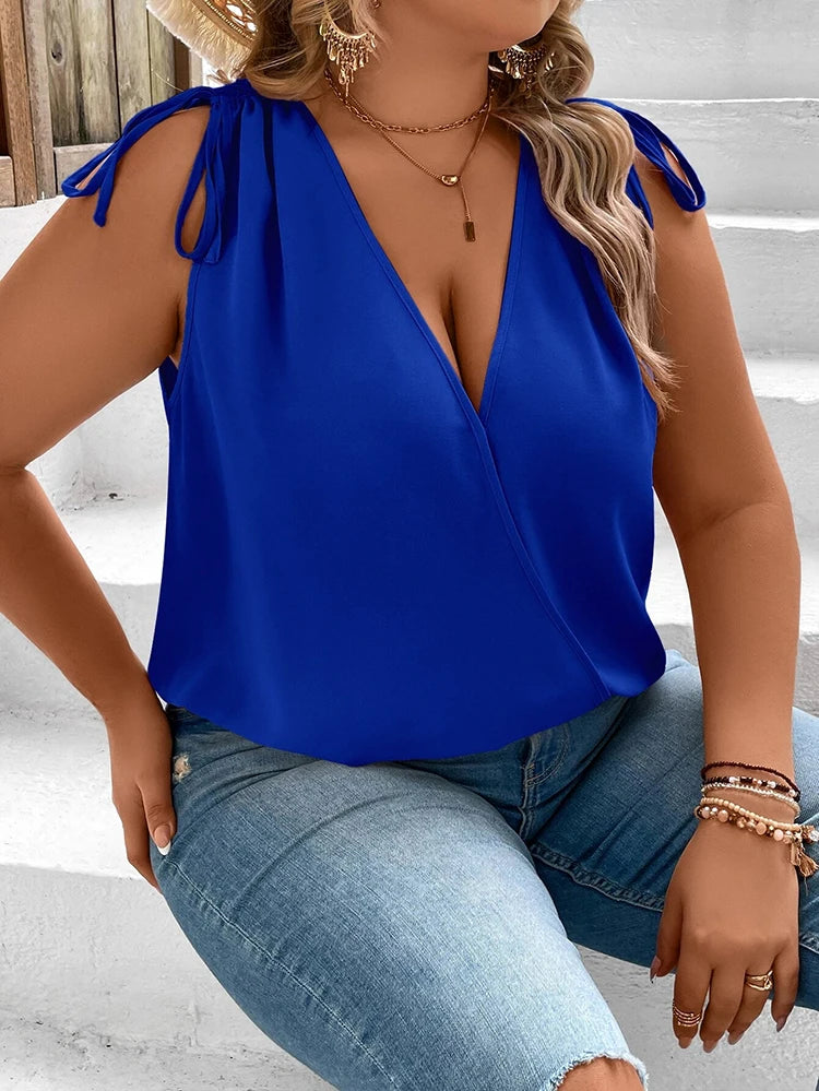 Mugen Plus Size Solid Color New Drawstring V Neck Blouse Elegant 2024 Summer Sleeveless Blouse Women's Plus Size Clothing Tops