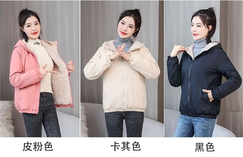 Add Velvet Padded Coat Women 2024 Winter Hooded Outerwear Ladies Warm Cotton-Padded Jacket New Fashion Overcoat Short Female Top