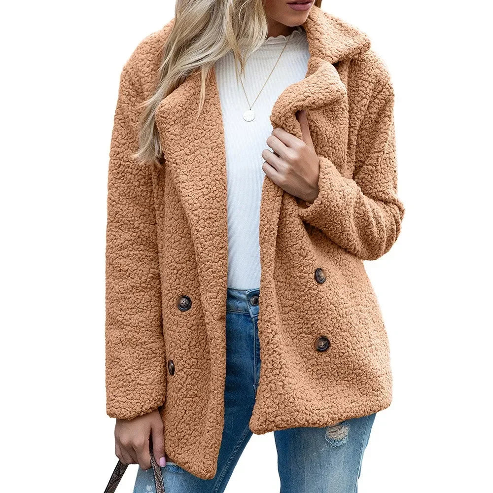 S-5xl Harajuku Solid Color Women Winter Spring Loose Warm Coat High Quality Teddy Fleece Button Jacket Female Casual Veste Femme