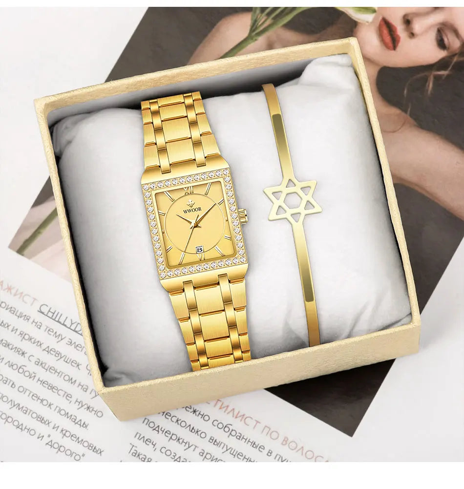 WWOOR Reloj New Fashion Ladies Diamond Watch Top Brand Luxury Square Wrist Watch Simple Women Dress Small Watch Relogio Feminino