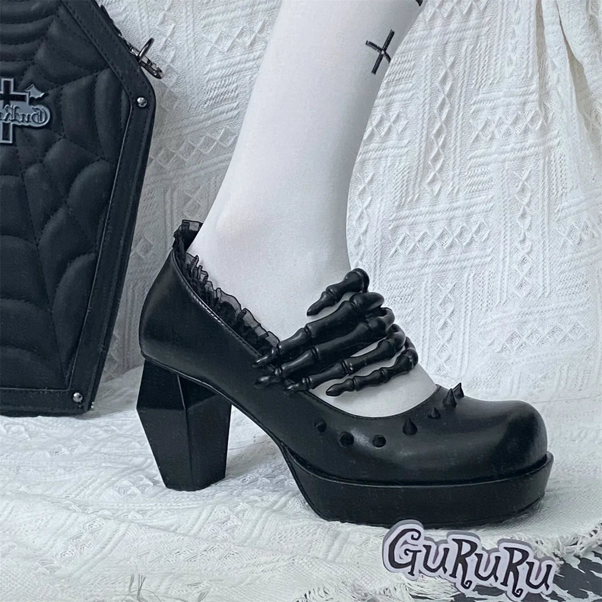 Antique Dark Punk Style Goth Girls Shoes Lolita Cosplay Round Head Thick Bottom Cross Rivet Lace Skull 8cm High Heel Shoes