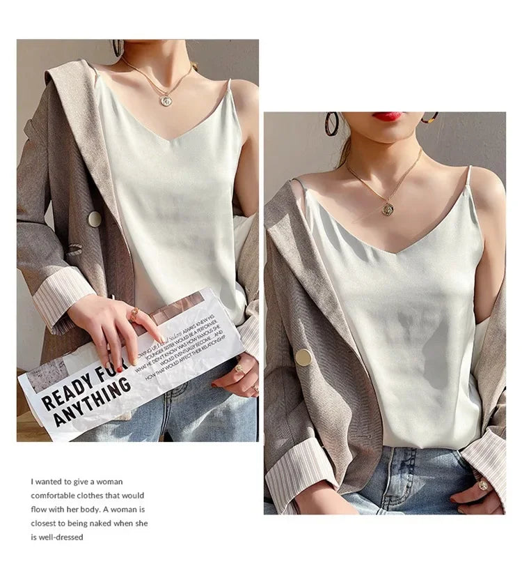 100 silk real silk 2023 summer women's clothing new slim v-neck short temperament inner top one-shoulder camisole