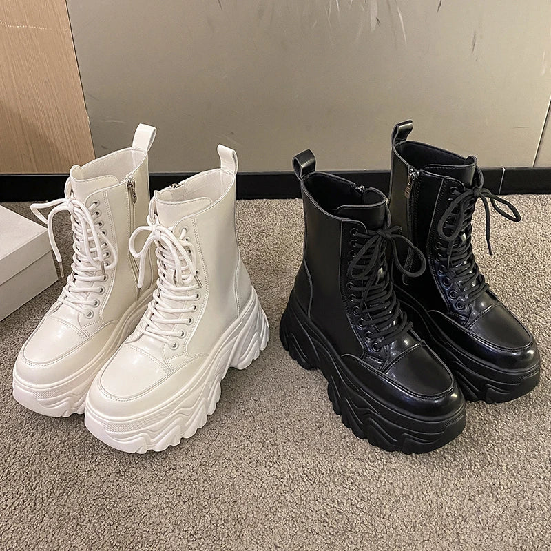 Punk Super High Platform Boots Women Chunky Heels Lace Up Motorcycle Boots Woman Black White Thick Bottom Ankle Booties Female