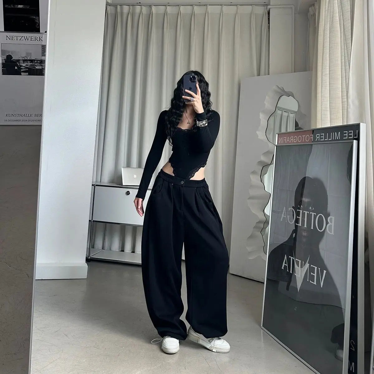 QWEEK Oversized Women Grey Sweatpants Y2k America Style Retro Baggy Pants Casual Sports Streetwear Hip Hop Trousers Joggers