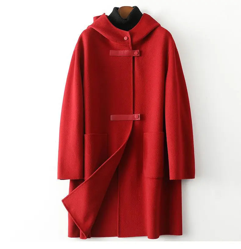 New Fashion Hooded Double-sided Cashmere Coat Women Autumn Winter Double-sided Woolen Windbreakers Temperament Slim Wool Coats