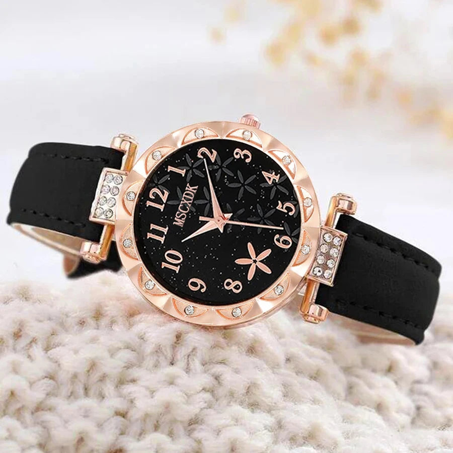 6pcs Black Flower Quartz Watch Dainty Bracelet For Women Leisure Casual Round Rhinestone Hollowed Pattern Bracelet Set