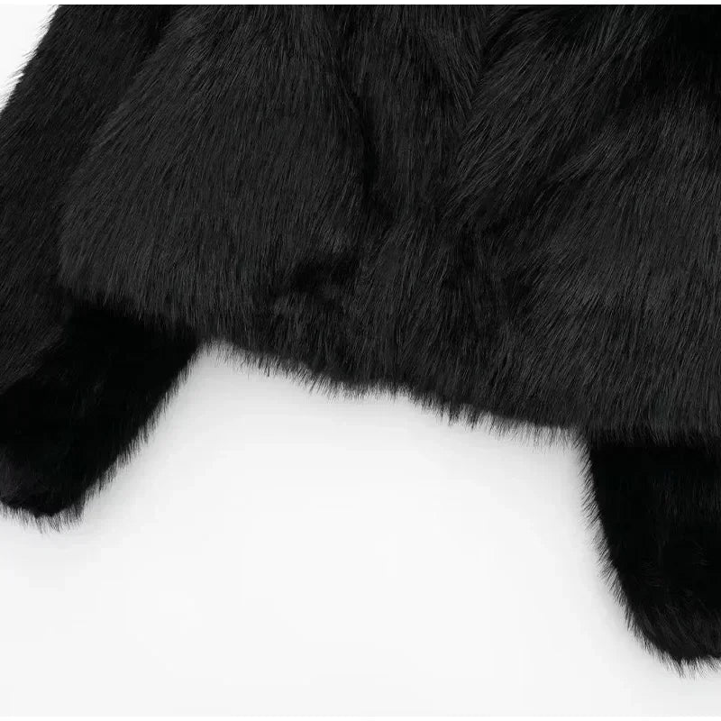 Black Fluffy Faux Fur Jackets Women Loose Furry Turn Down Collar Long Sleeve Coats Female Winter Vintage Warm Lady Overcoat