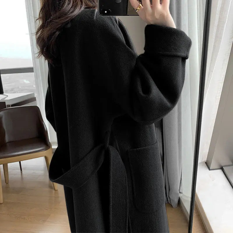 Winter Trench Coat For Women Elegant Fashion Korean Casual Wool Coat Navy Blue Lace-up Long Jacket  Black Woman Coat With Blet