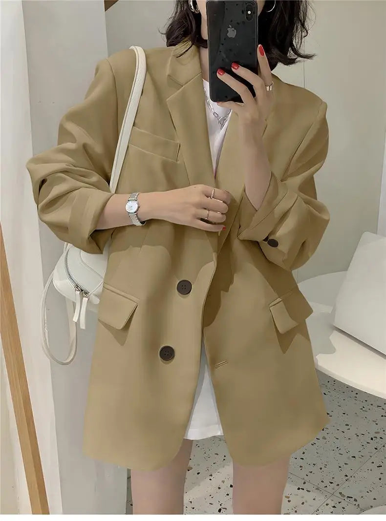 Spring Summerthin Loose Office Lady Fashionable Solid Color Blazers Button Pockets Notched Women's Clothing Long Sleeve Sweet