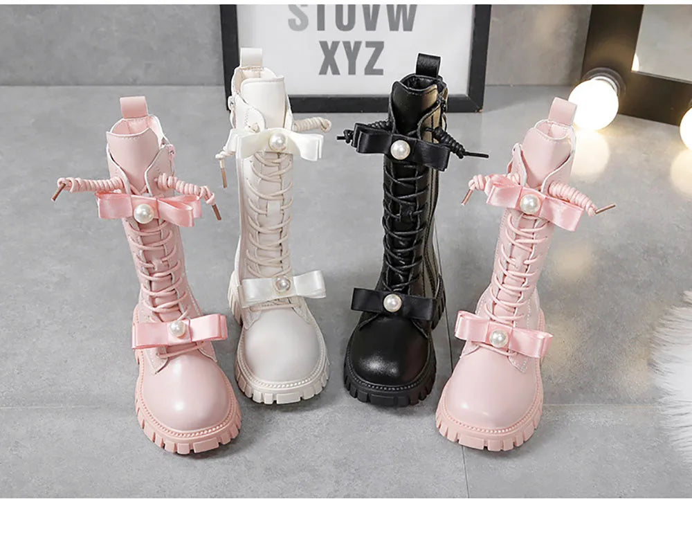 Winter Long Boots For Girls Luxury Pearl Bow Teenager Girl's Fashion Boots Faux Fur Thick Warm Cotton Snow Boots For Girls