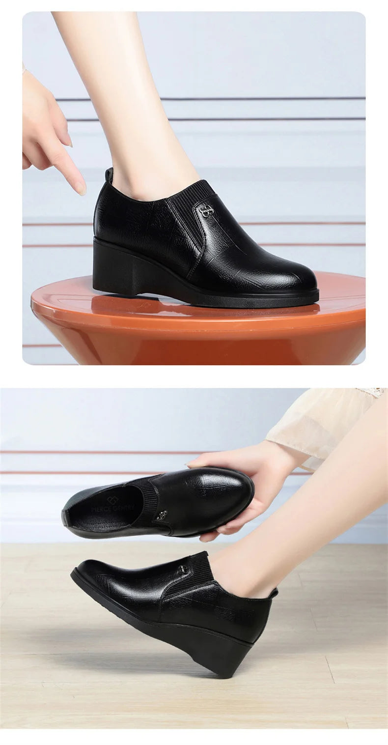 4.5cm Comfortable Deep Mouth Soft Leather Shoes Flexible Loafers Women 2024 Spring Platform Wedges Shoes for Office Mom Work