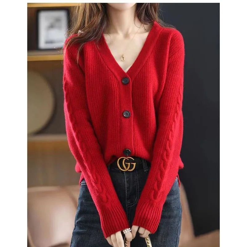 NewFall Fashion V Neck Women Knitted Sweater Cardigan Long Sleeve Soft Slim Sweater Outwear Femlae Solid Casual Knitted Sweater