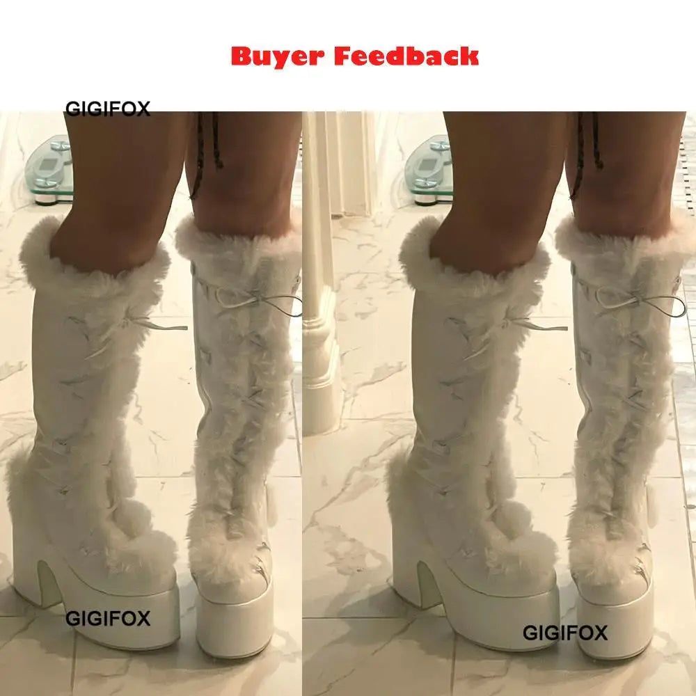 GIGIFOX Platform Furry Boots Chunky High Heeled Winter Autumn Knee High Boots Women Faux Fur Zip Gothic Style Punk Shoes Ladies