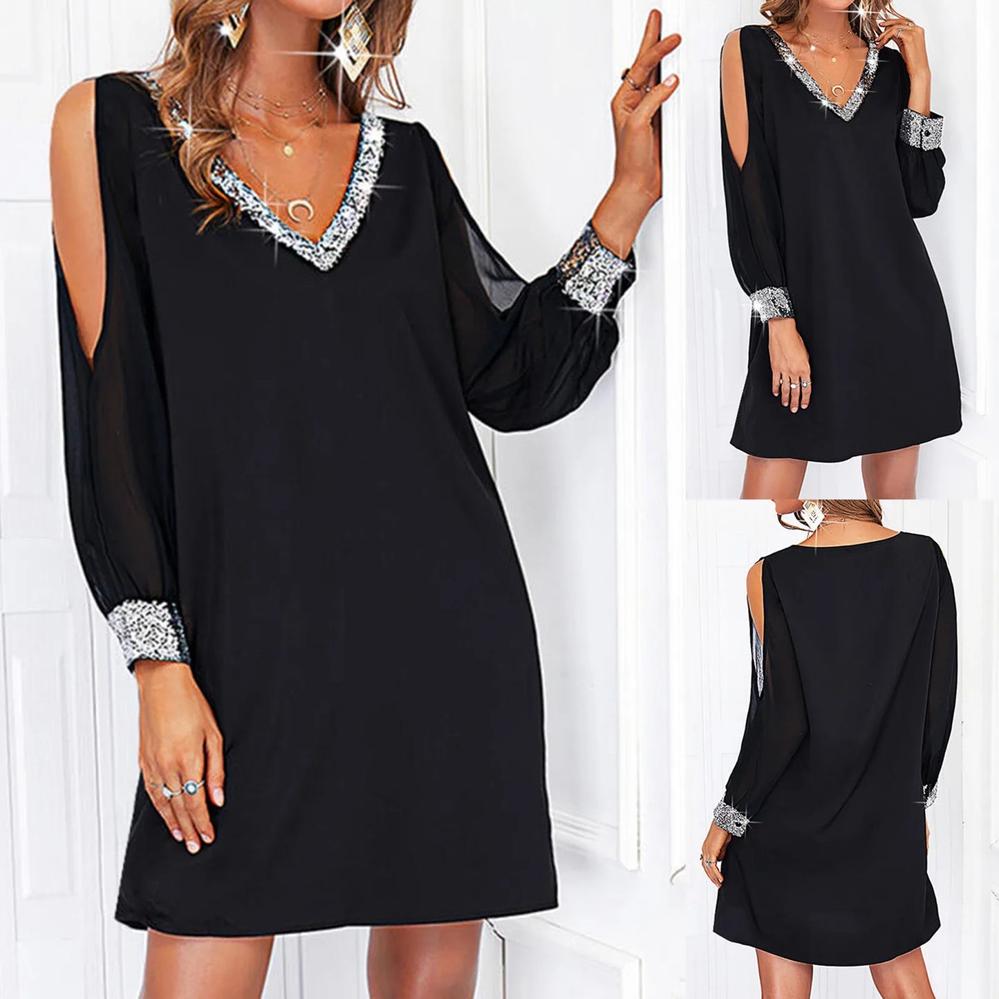 Cocktail Dresses For Women 2024 Retro Solid Color Long Sleeve V Neck Black Dresses For Women Loose Party Dresses For Women 2024