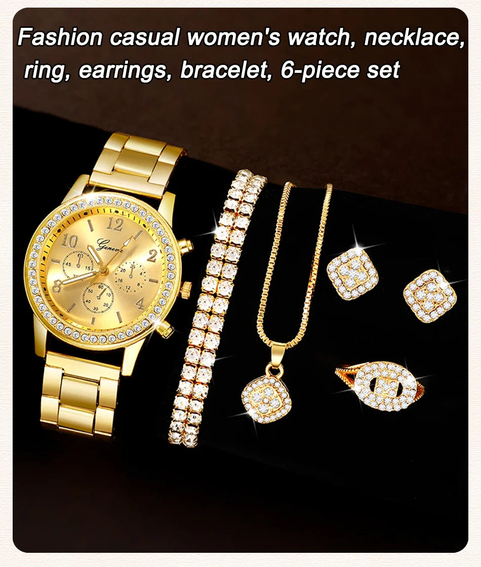 6PCS Set Golden Luxury Watch Women Ring Necklace Earring Rhinestone Fashion Wristwatch Casual Ladies Bracelet Watches