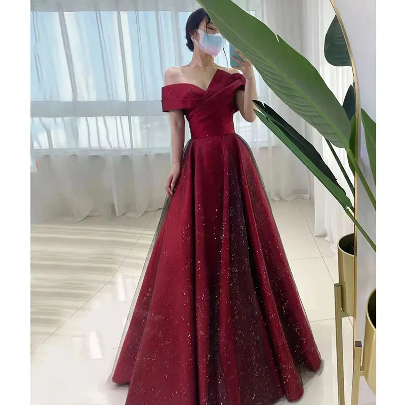 Women Summer Satin Toasting Gown Bride's High-end Feeling, Light Wedding Dress, Red One Shoulder Engagement, Thank-you Banquet