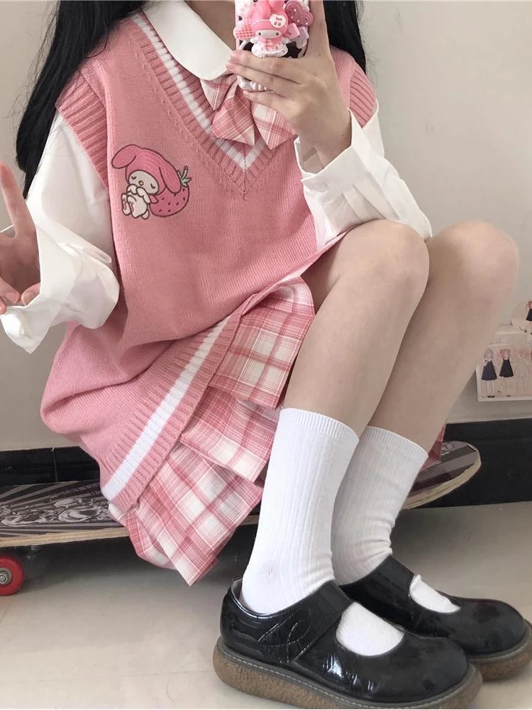 2024 School Kawaii Sweater Vest Cartoon Waistcoat Sweet Cute Preppy Style Women Pullover V-neck Embroidery Japanese Lolita Tops