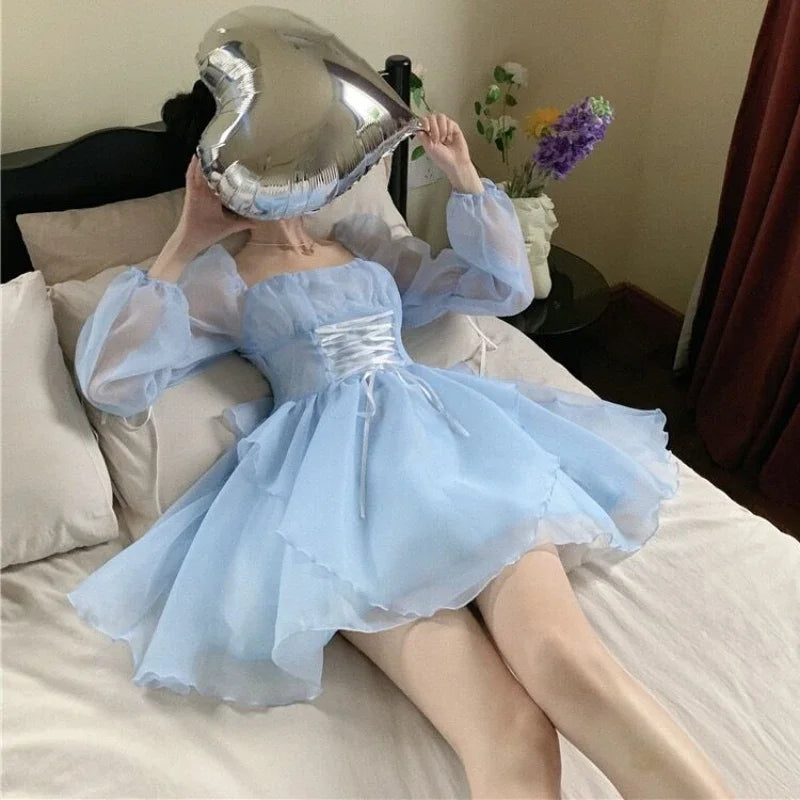 Bodycone Mini Dress Women Blue Aesthetics Princess Summer Long Sleeve Temper Bandage A-line High Waisted Gauze Kpop Fashion Chic