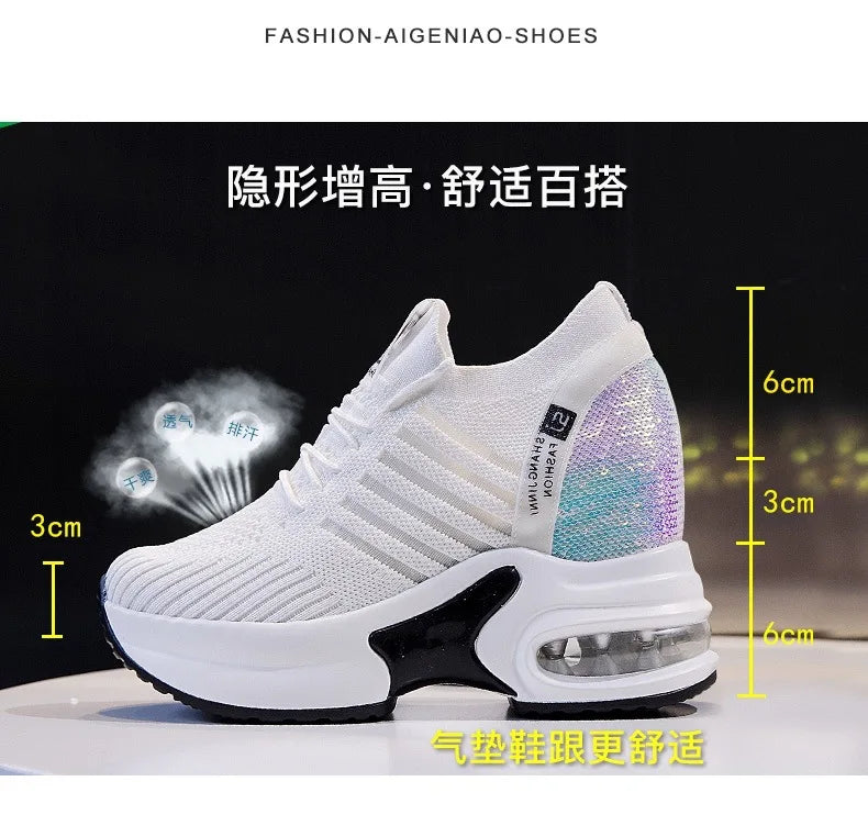 Women's Sneakers Spring Sequined Casual Shoes Women Platform Heels Wedges Height Increasing 2022 Knitted Ladies Vulcanized Shoes