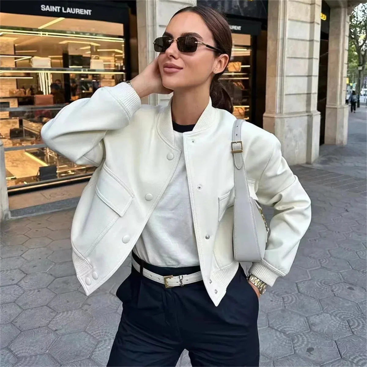 Autumn Winter Button Baseball Aviator Cropped Jackets for Women Bomber Jacket Coat Solid Black White Long Sleeve Crop Outerwear