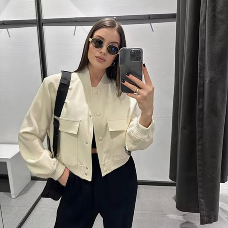 Autumn Winter Button Baseball Aviator Cropped Jackets for Women Bomber Jacket Coat Solid Black White Long Sleeve Crop Outerwear