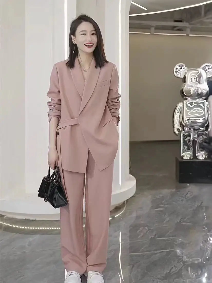 Women's Spring Autumn New Casual Suit Jacket Matching Set Korean Elegant Loose Blazers Wide Leg Pants Two Piece Female Clothing