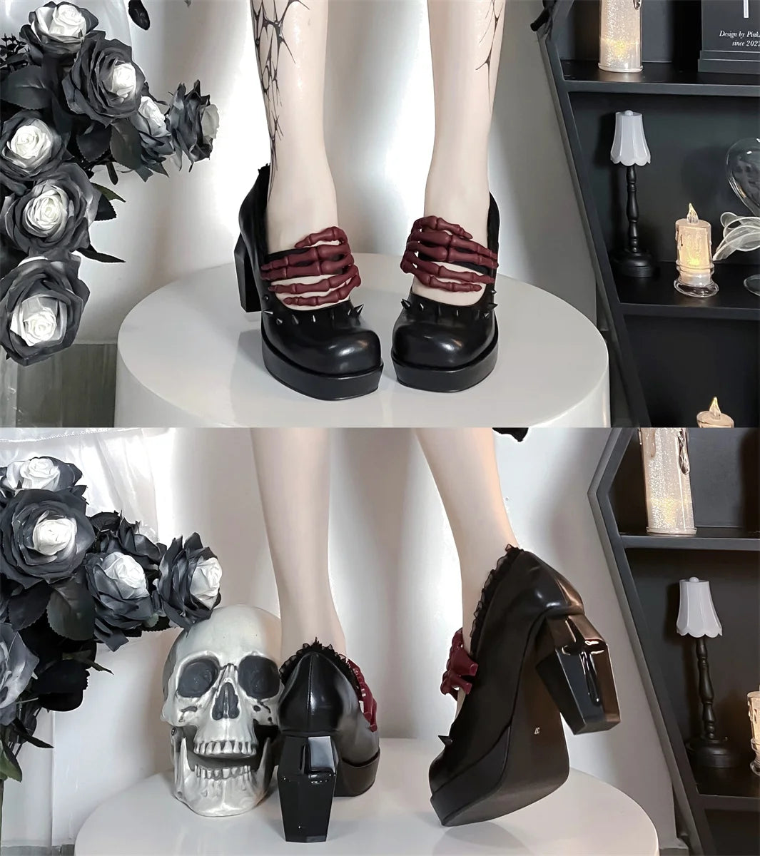 Antique Dark Punk Style Goth Girls Shoes Lolita Cosplay Round Head Thick Bottom Cross Rivet Lace Skull 8cm High Heel Shoes