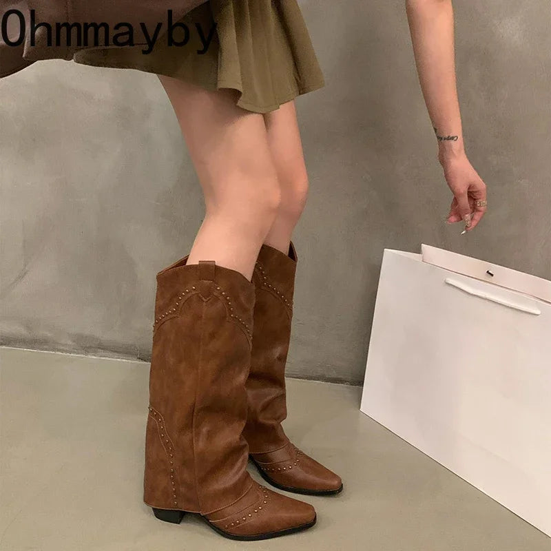 Autumn Winter Women Knee-High Boots Retro Style Western Knight Booties Pointed Toe Square Heels Female Shoes